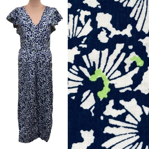 Tanya Taylor Avalon Jumpsuit Size 0 Blue Floral Linen Blend Ruffle Wide Leg - Picture 1 of 14